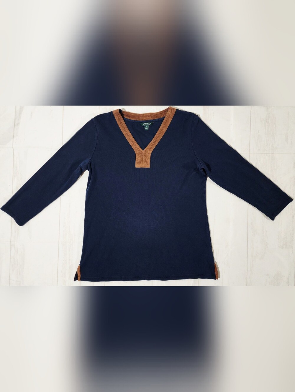 Lauren Ralph Lauren Shirt Women's XL Navy Blue Faux Leather Trim V Neck